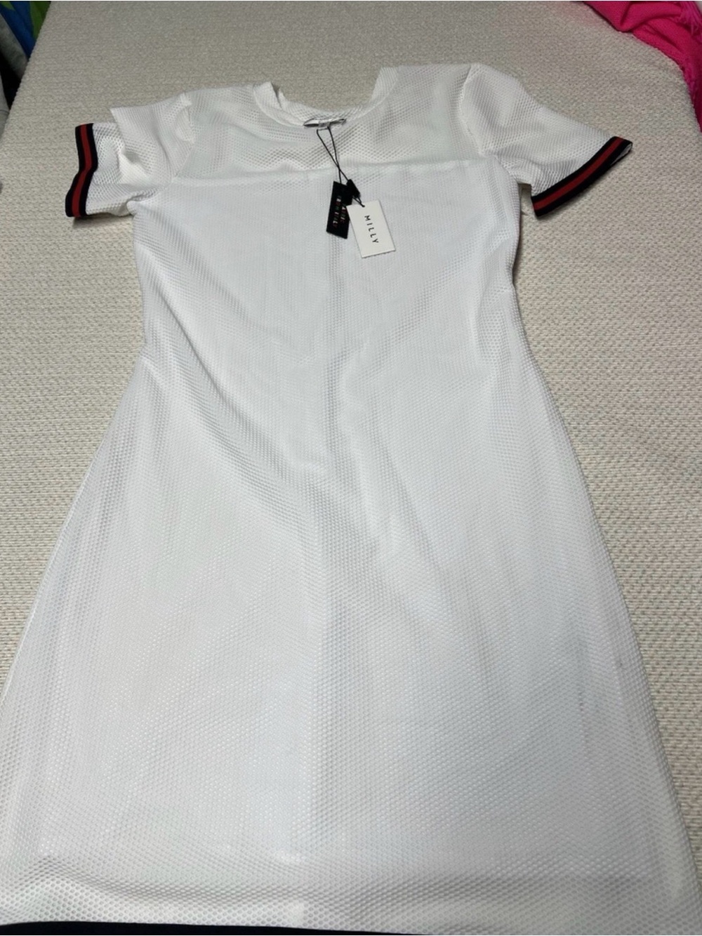 MILLY New York Women’s Size 6 White Mesh Dress Striped Trim Short Sleeve NWT